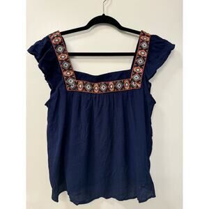Xhilaration Large Navy Short Flutter Sleeve Gauze Square Neckline Top